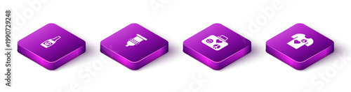 Set Isometric Beer bottle, Condom, Suitcase for travel and Peace t-shirt print stamp icon. Vector