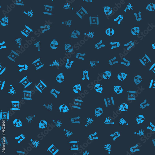 Set Sword for game, Video bar, Medieval helmet and Decree, parchment, scroll on seamless pattern. Vector