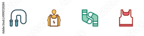 Set Jump rope, Bodybuilder, Socks and Sleeveless t-shirt icon. Vector