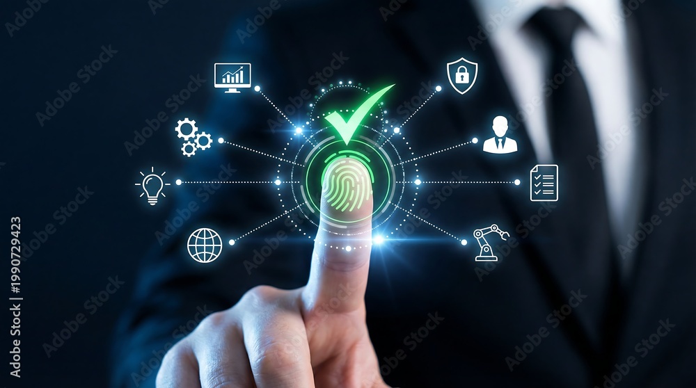Obraz premium A close-up of a businessman's finger activating a vibrant green biometric fingerprint scanner with a checkmark, encircled by diverse security and technology icons.