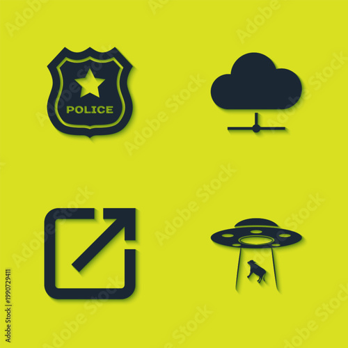 Set Police badge, UFO abducts cow, Open in new window and Network cloud connection icon. Vector