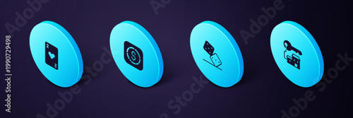 Set Isometric Winning house with key, Game dice, Coin money dollar and Playing card heart icon. Vector