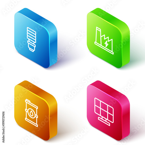 Set Isometric line LED light bulb, Nuclear power plant, Bio fuel barrel and Solar energy panel icon. Vector