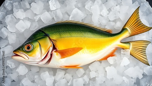 mahi. Whole mahi-mahi fish on crushed ice, showcasing its vibrant colors and spots. wildlife magazines, conservation campaigns, designed for eco-tourism storytelling, used by lab technicians.

