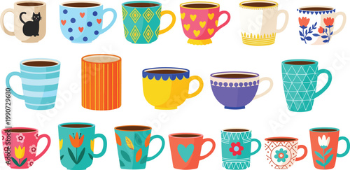 Colorful Coffee Cups Collection with Decorative Patterns and Various Mug Designs for Beverage Serving Kitchen Flat Vector Illustration Set
