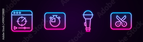 Set line Online play video, Stopwatch, Microphone and Music or editing. Glowing neon icon. Vector
