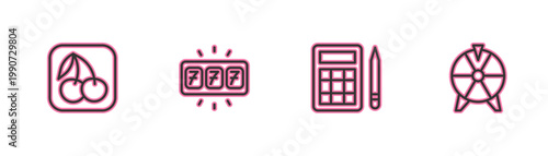 Set line Slot machine with cherry, Bingo card, jackpot and Lucky wheel icon. Vector