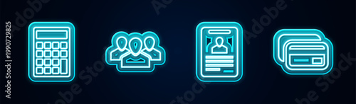 Set line Calculator, Users group, Identification badge and Credit card. Glowing neon icon. Vector