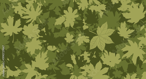 A camouflage pattern of overlapping green leaves in various shades