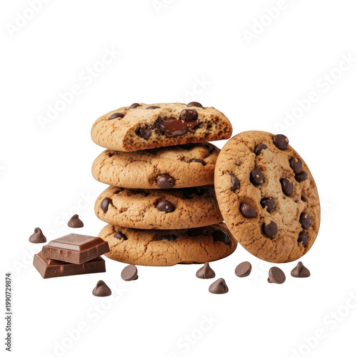 Stack of chocolate chip cookies with chocolate pieces on a white surface