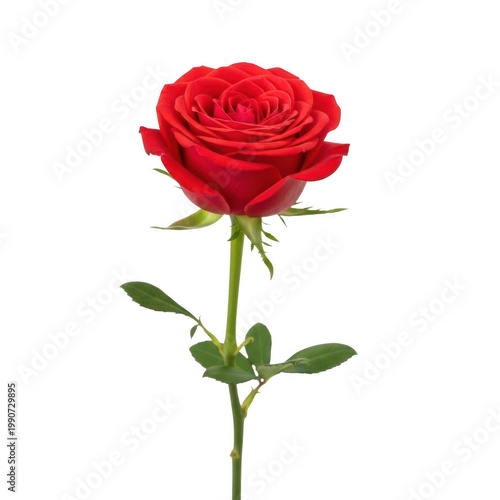 A vivid red rose with delicate green stem and leaves standing elegantly upright