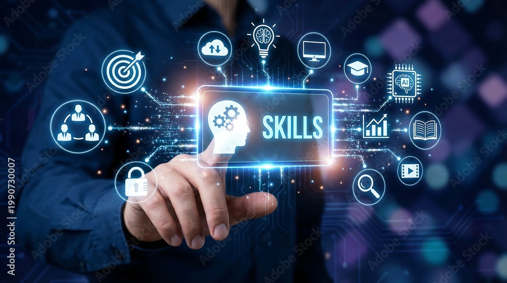 Fototapeta premium A person's finger touches a glowing 'SKILLS' button on a futuristic interface, surrounded by an array of icons symbolizing diverse personal and professional capabilities and learning.