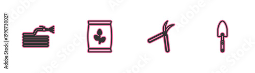 Set line Garden hose or fire hose, Gardening handmade scissor, Fertilizer bag and trowel spade shovel icon. Vector