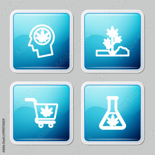 Set line Head in profile with marijuana, Planting, Shopping cart and Test tube icon. Vector