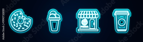 Set line Donut, Ice cream, Pizzeria building facade and Coffee cup. Glowing neon icon. Vector