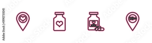 Set line Location with heart, Bottle pills for potency, and 18 plus icon. Vector