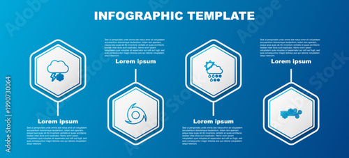 Set line Cloud with snow and lightning, Tornado, snow, rain, sun and Wind. Business infographic template. Vector