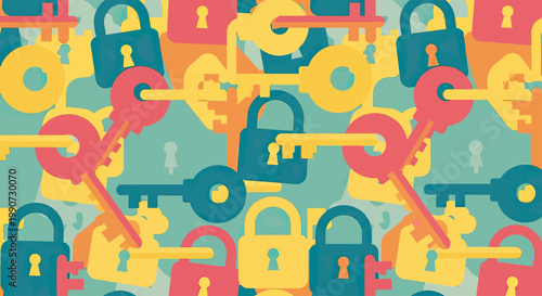 A repeating pattern of colorful padlocks and keys in a flat design style