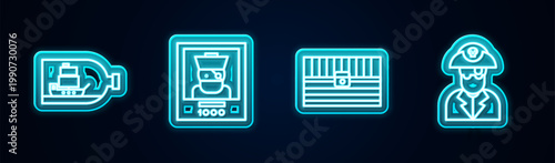 Set line Bottle with ship inside, Wanted poster pirate, Antique treasure chest and Pirate captain. Glowing neon icon. Vector