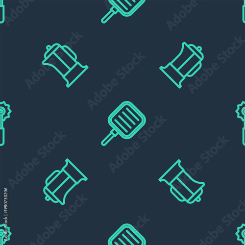 Set line Frying pan, French press and Pizza knife on seamless pattern. Vector