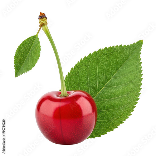 A ripe red cherry with fresh green leaves attached