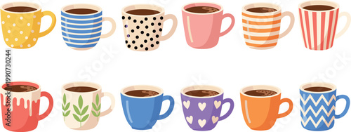 Colorful Coffee Cups Set with Various Patterns and Mug Designs for Beverage Serving Kitchen Drinkware Flat Vector Illustration Collection