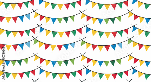 Colorful triangle pennants strung on lines, forming a festive pattern