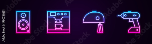 Set line Stereo speaker, Coffee machine and cup, Electric mixer and cordless screwdriver. Glowing neon icon. Vector