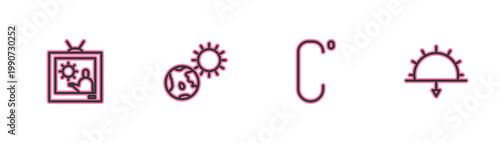 Set line Weather forecast, Celsius, Earth globe and sun and Sunset icon. Vector