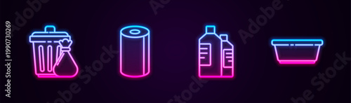 Set line Trash can and garbage bag, Paper towel roll, Bottles for cleaning agent and Plastic basin. Glowing neon icon. Vector