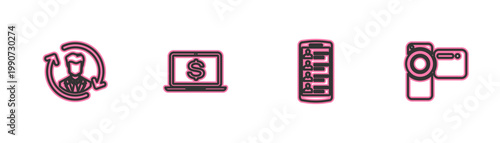 Set line Human resources, Smartphone with contacts, Laptop dollar and Cinema camera icon. Vector