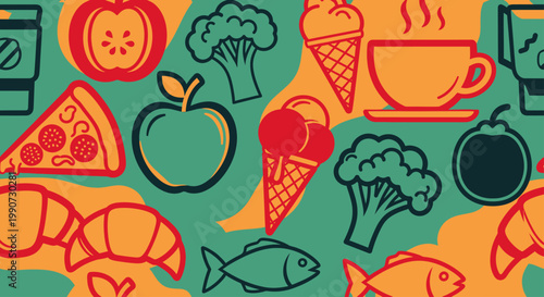 Vibrant food patterns with fruits, pizza, ice cream, coffee, and fish