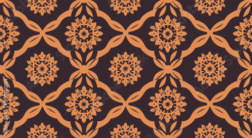 Ornate repeating pattern with interlocking floral motifs in warm orange on dark purple