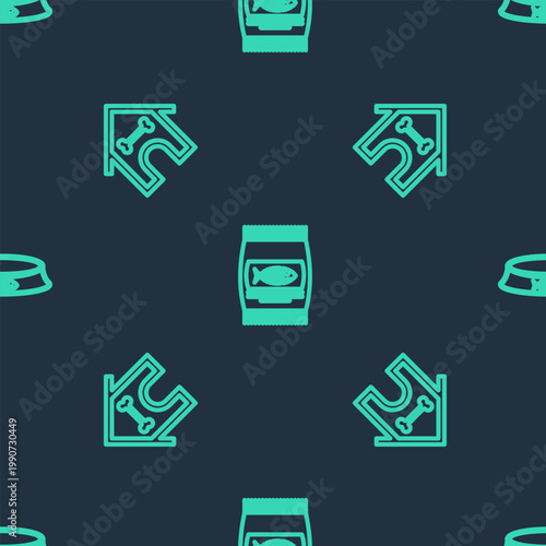 Set line Bag of food for cat, Dog house and bone and Pet bowl on seamless pattern. Vector