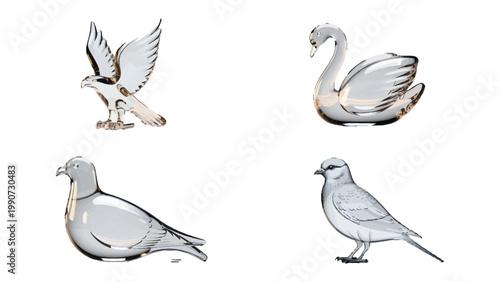 Birds of Clarity: A quad of avian elegance. Showcasing a majestic hawk in flight, a graceful swan, a gentle dove, and a serene bird, each crafted with delicate precision.