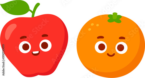 Apple and orange cartoon character drawing with funny faces. Comparing different fruit. Vector clipart illustration.