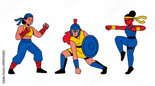 Illustration of female warriors in action stances