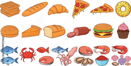 Large vector illustration set featuring bakery items fast food and seafood including pizza burger fish and crab for restaurant menu designs.