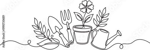 Minimalist continuous line drawing of gardening tools and a potted plant with a watering can