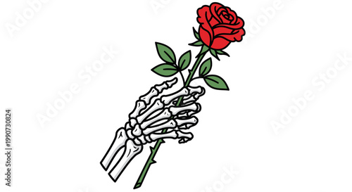 Skeleton Hand Holding Red Rose Vector Illustration, Gothic Romantic Style Graphic for Apparel Design and Tattoo Art