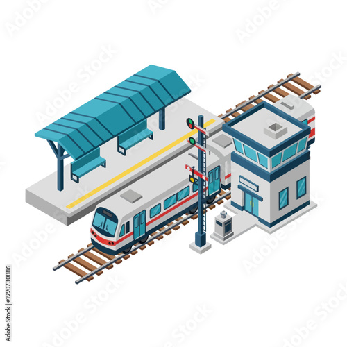 Isometric Train Station Illustration with Modern Train and Control Tower.