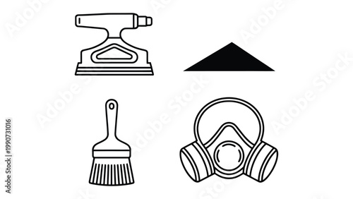Construction tools vector illustration: an array of essential tools of the trade. Featuring a sander, respirator, brush and triangle roof. 