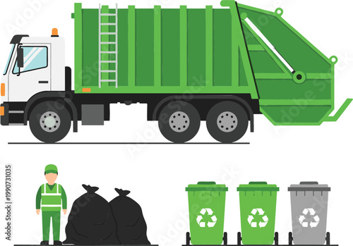 Garbage collection truck with sanitation worker and recycling bins vector illustration showing waste management process and eco friendly disposal system in flat style