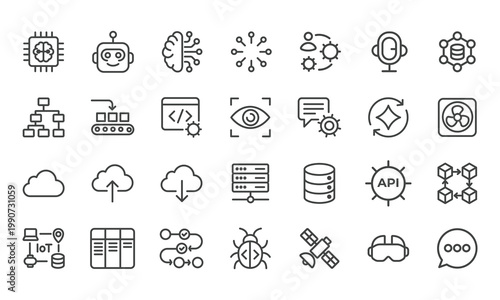Simple Outline Style of Artificial Intelligence and Automation Icon Set