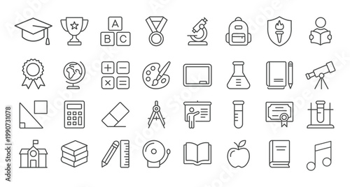 Outline Simple Education Item and School Subject Icon Collection Illustration