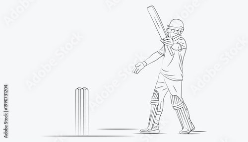 Minimalist line art of a cricket batsman standing near the wickets. Clean hand-drawn vector illustration ideal for sports blogs, coaching guides, and cricket promotions.