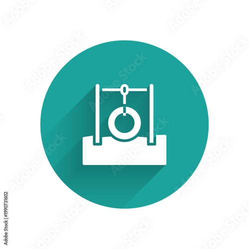 White Car tire hanging on rope icon isolated with long shadow. Playground equipment with hanging rope with tire. Green circle button. Vector