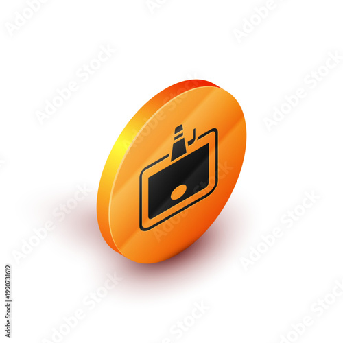 Isometric Washbasin with water tap icon isolated on white background. Orange circle button. Vector