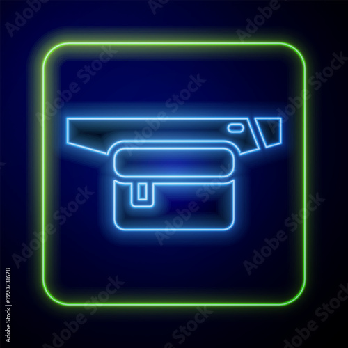 Glowing neon Waist bag of banana icon isolated on blue background. Vector