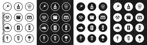 Set Mustache and beard on shield, Barbershop building, Crossed shaving razor, Hairbrush, Cream lotion cosmetic jar, Aftershave, Shaving gel foam and hand icon. Vector